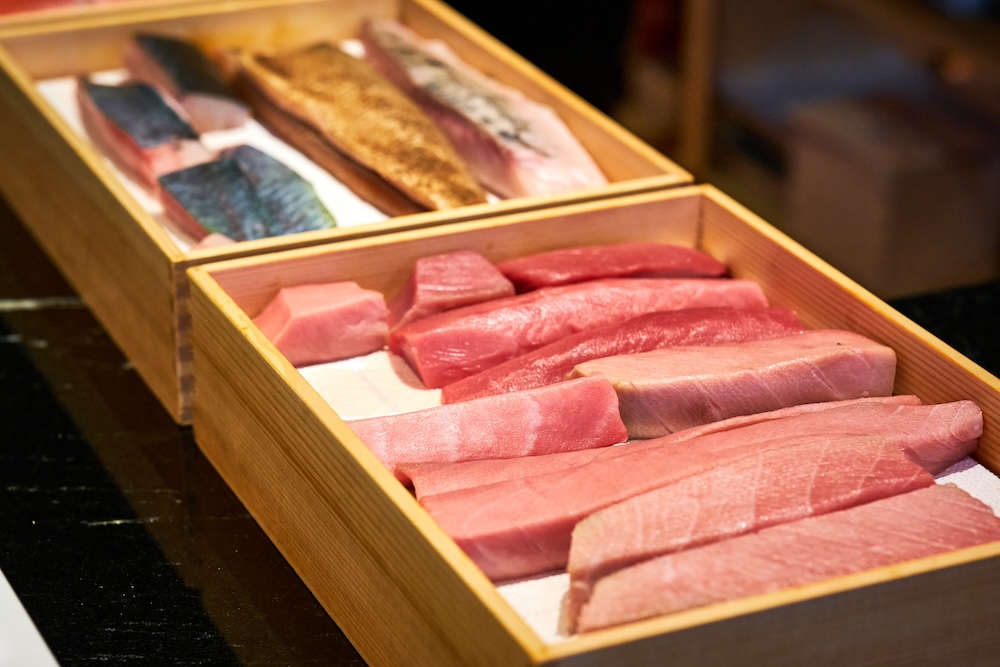freshly cut fish at a Japanese restaurant